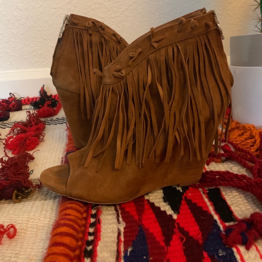 SOLD.
Ash Suede Fringe Wedge Open Toe Booties 8